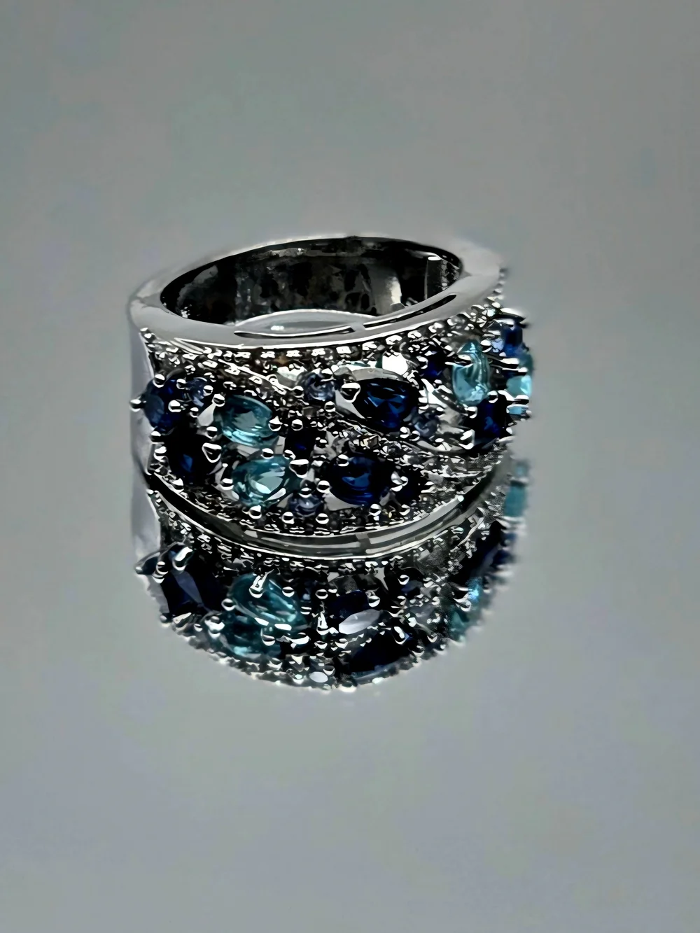 Silver-Filled Blue Multi-Gemstone Zircon Ring Size 7